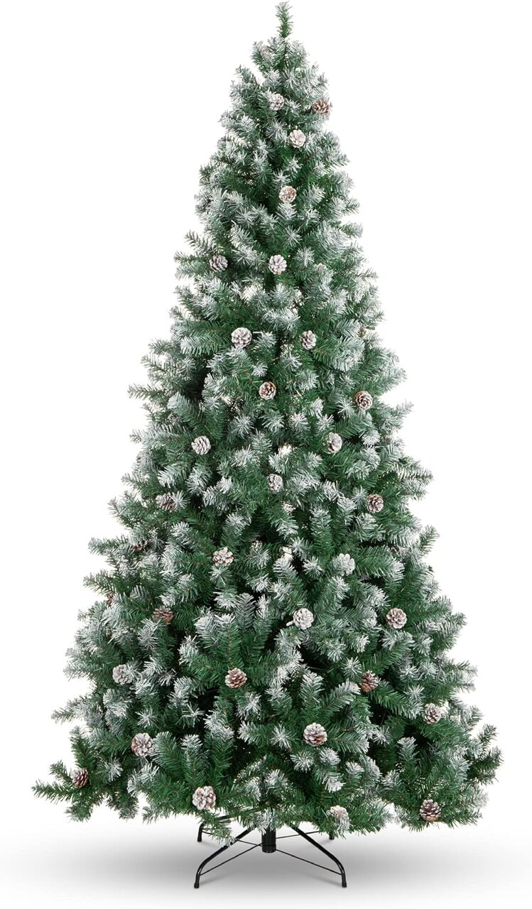 Pre Decorated Flocked Christmas Tree Hinged Artificial Pine with Pine Cones & Easy Assembly